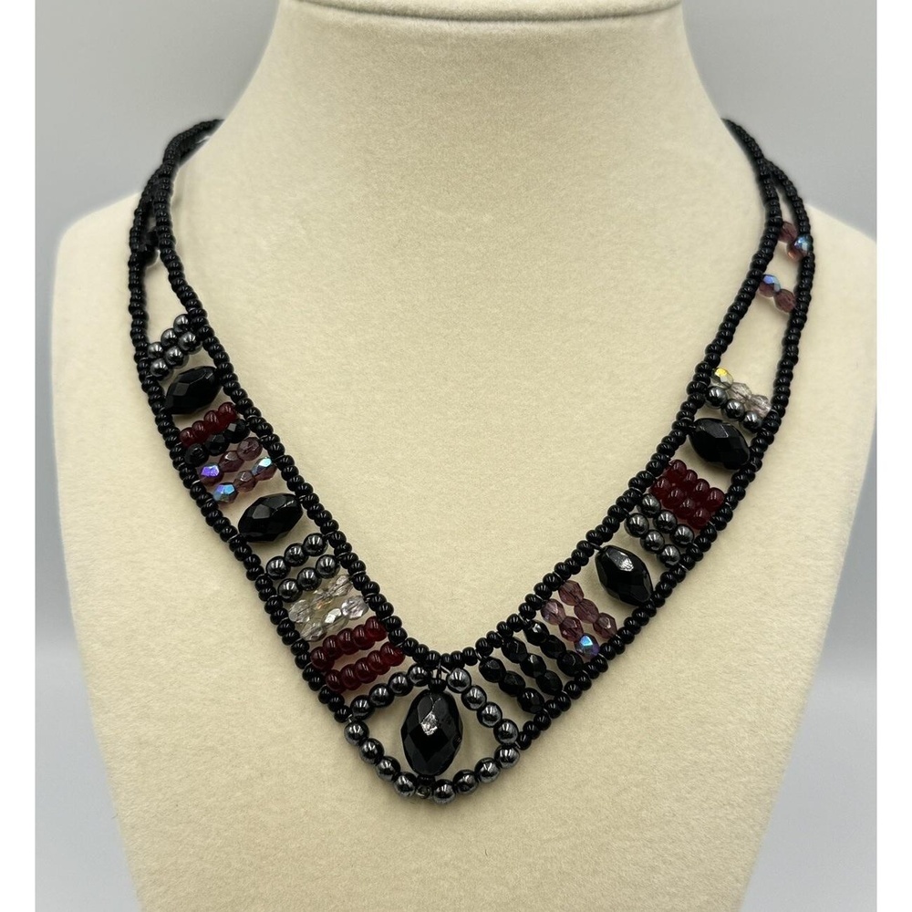 Chico's‎ Beaded Choker Collar Necklace Black Red Purple V Neck Statement Bib